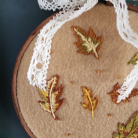 Embroidered Hoop Art, Autumn Leaves on Felt, 6" Stained Brown Wooden Frame, - Picture 9 of 10